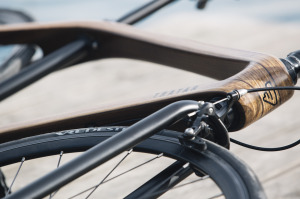 A detail of the new Tratar Bikes wooden bicycle pictured at Bled, Slovenia