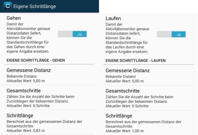 Eingeben der eigenen Schrittlänge beim Gehen und Laufen